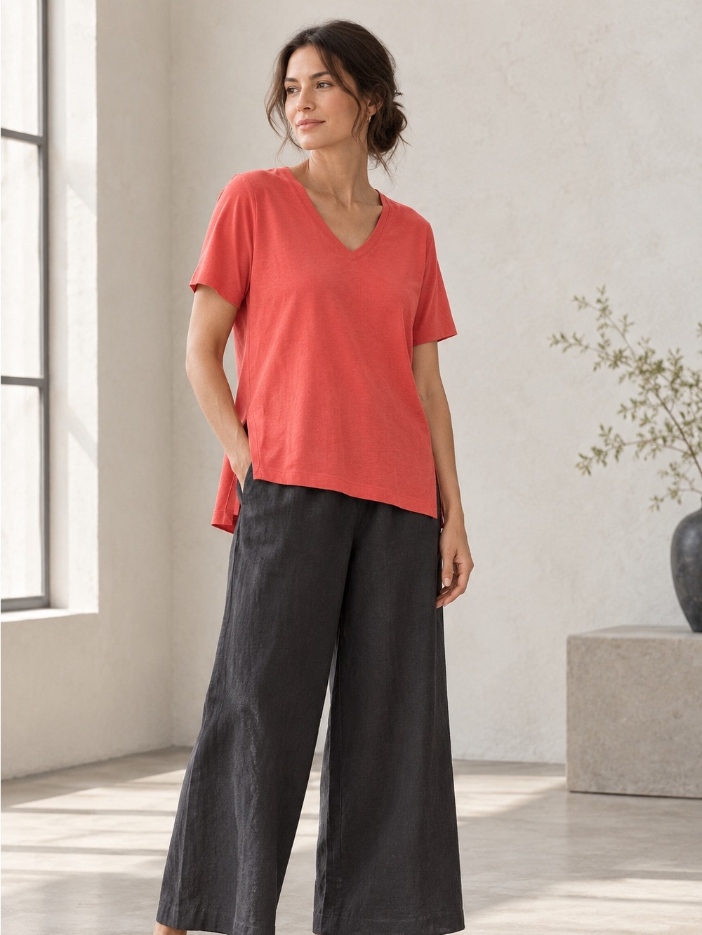 Eileen Fisher Coral Tencel Stretch Jersey V-Neck Top Large NWOT